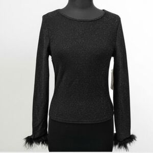 Derek Hart Large Y2K Glitter Feather Cuff Black Sparkle Long Sleeve Tee